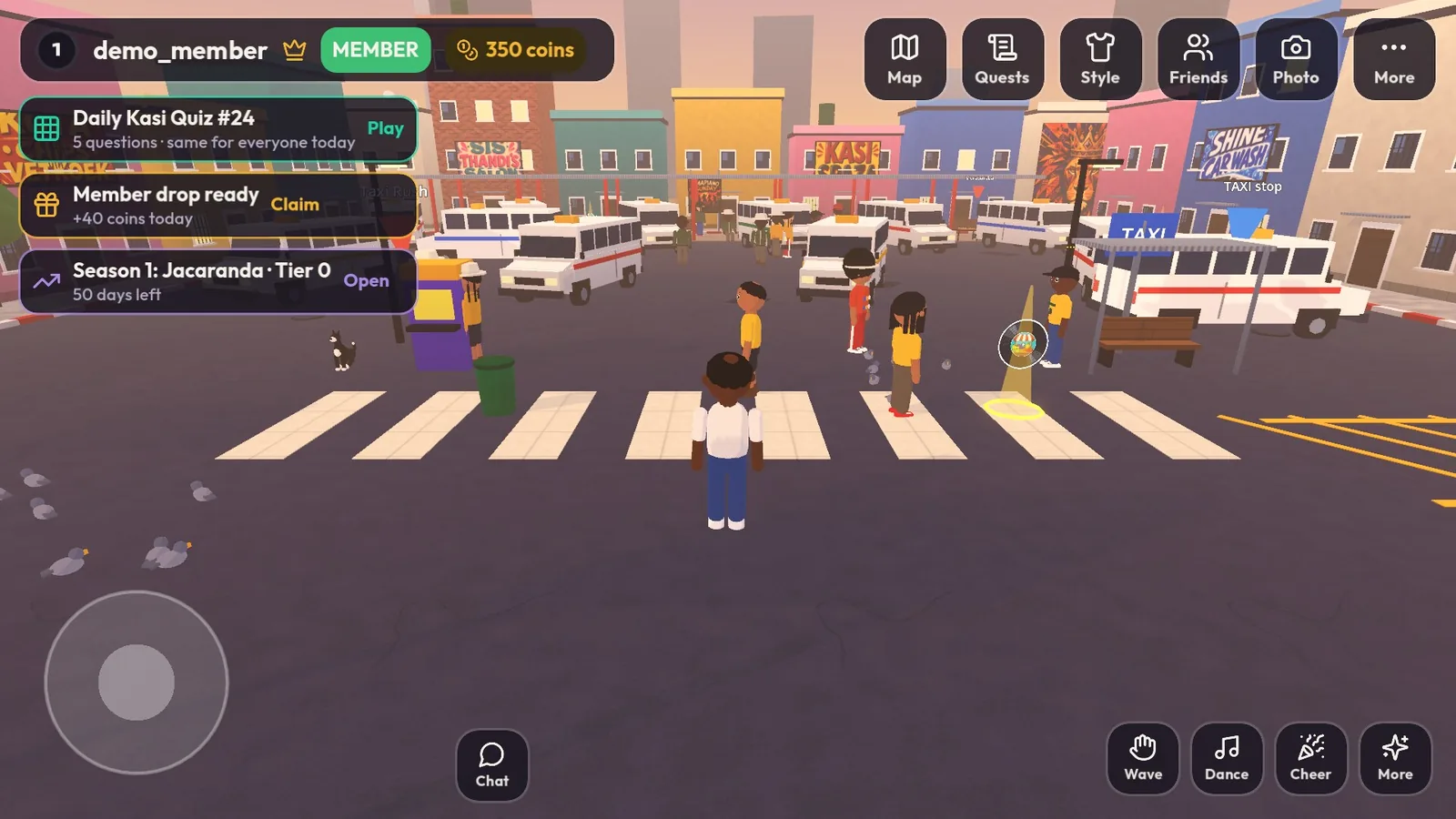 Kasi gameplay: your avatar at the Joburg taxi rank with other players, daily quiz and season cards on screen
