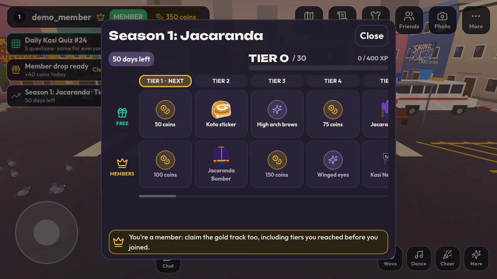 The Season 1: Jacaranda reward track with free and member tiers