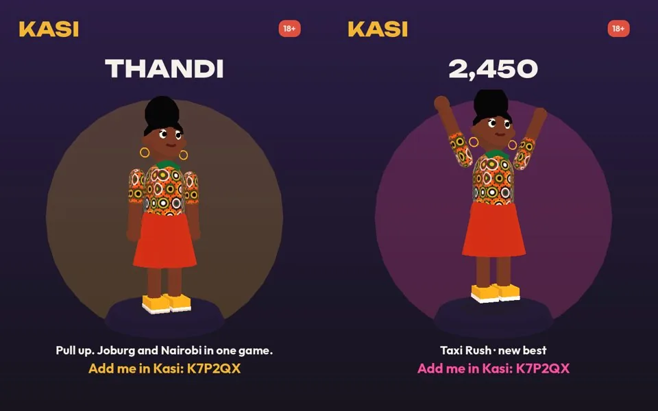 Two Kasi share cards showing an avatar, a score and an add-me code