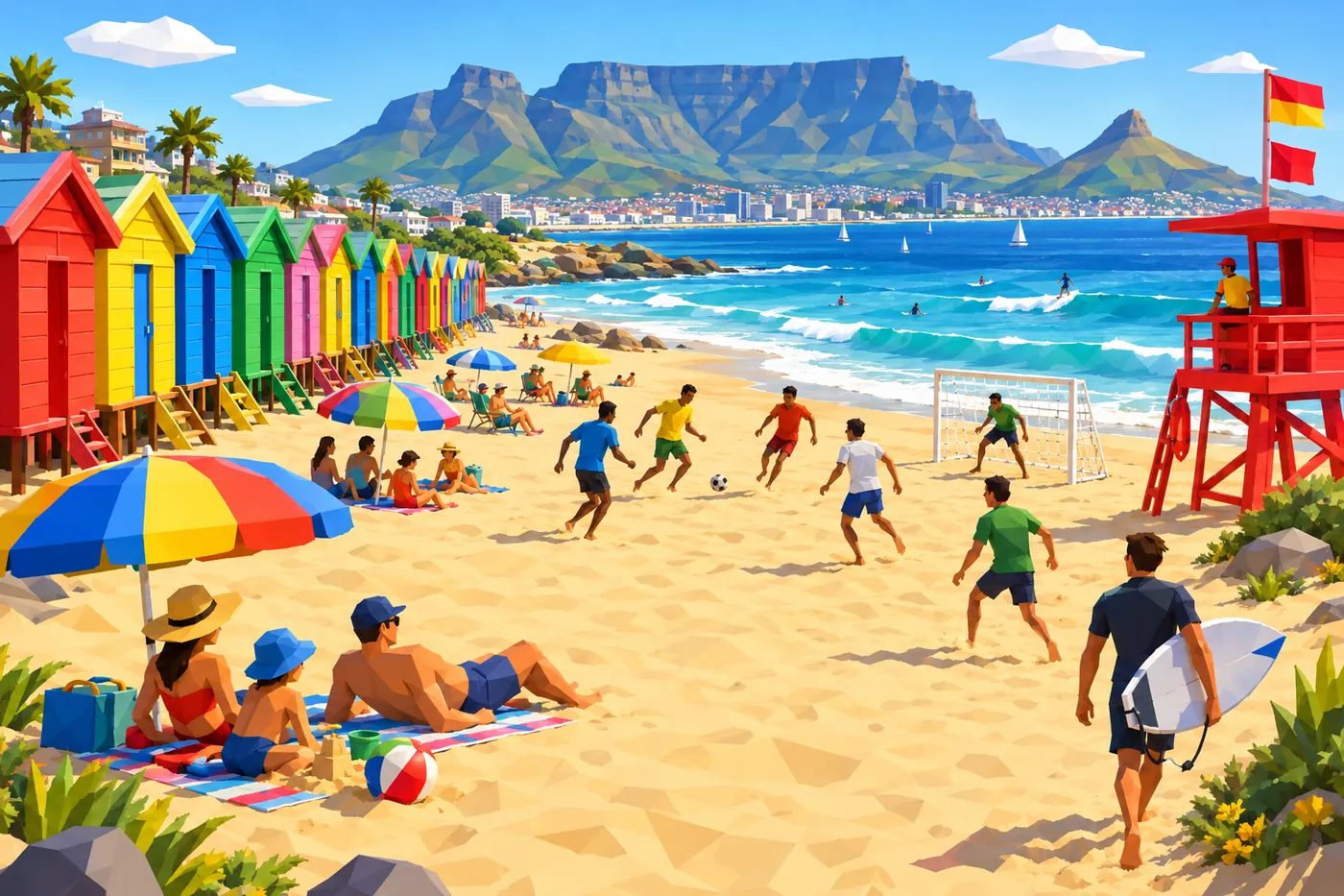 Painted beach huts, surf and a game of beach soccer, Table Mountain across the bay