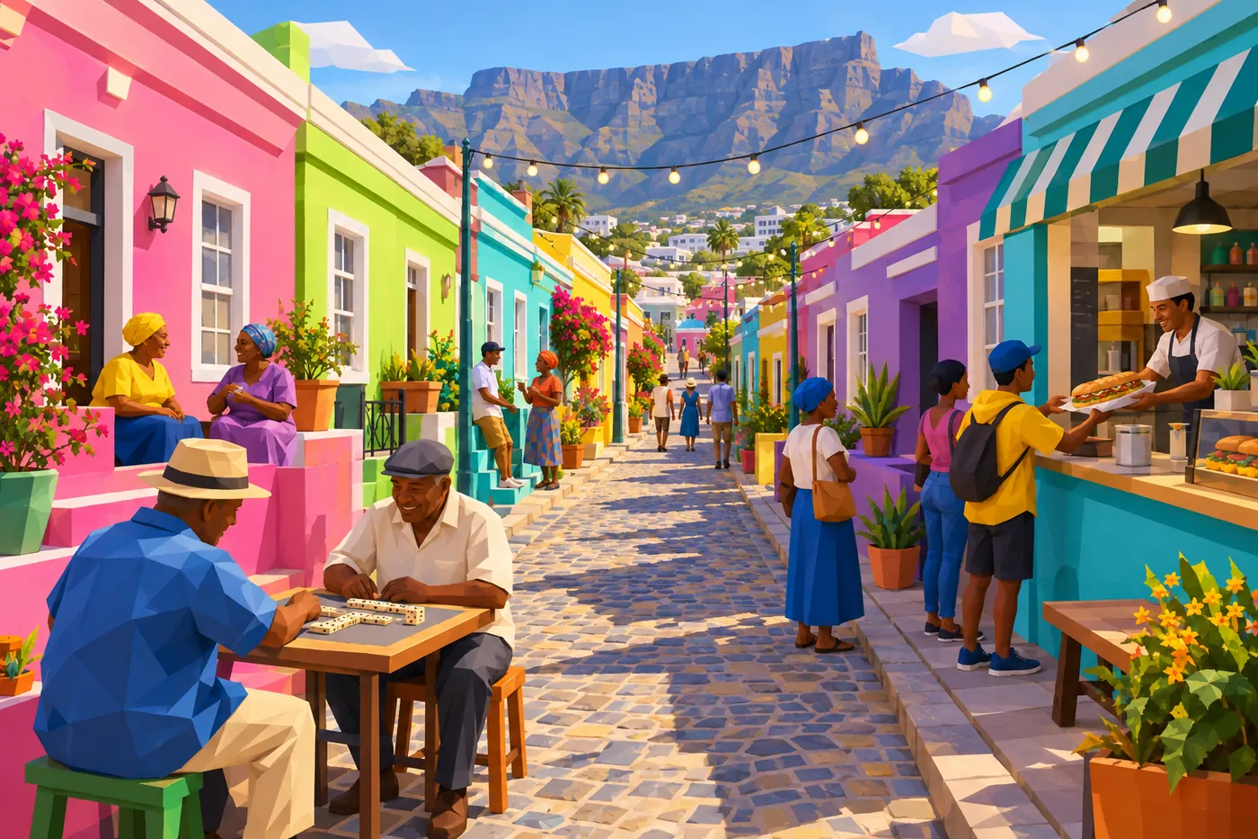 Brightly painted row houses on a cobbled street, two men playing dominoes on a stoep