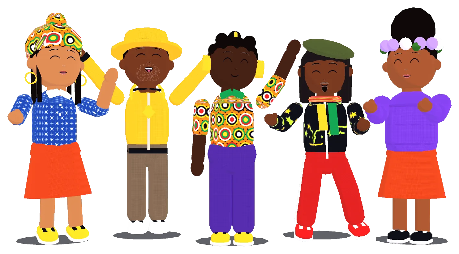 Five Kasi avatars dancing and cheering in a shweshwe shirt and doek, a gold bomber, a kitenge top, a graffiti jacket and a jacaranda puffer