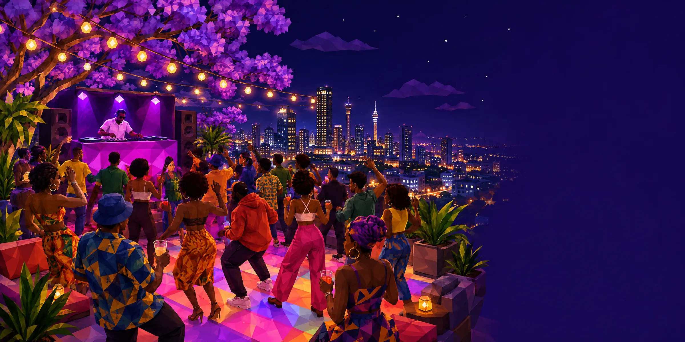 A crowd dancing on a Joburg rooftop at night under jacarandas and string lights