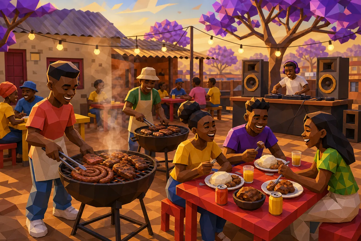 Friends at a shisanyama: meat on the braai, speakers and jacarandas