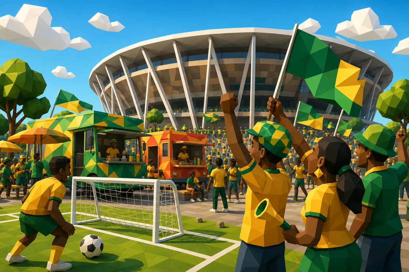 Fans in green and gold outside a stadium, a kickabout on the grass