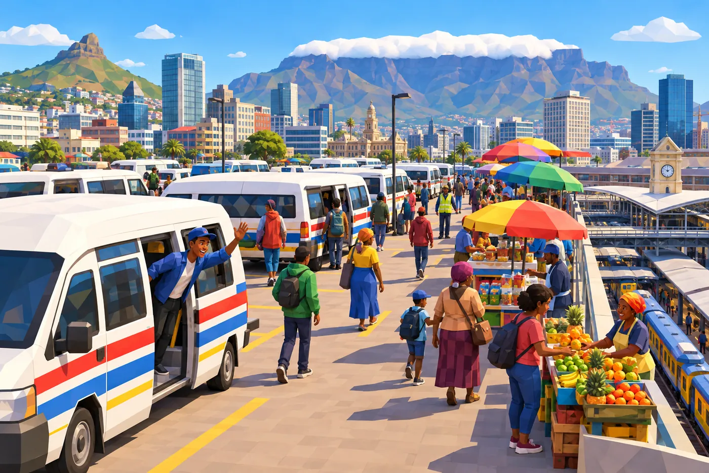 Minibus taxis on the station deck in Cape Town, traders and Table Mountain behind