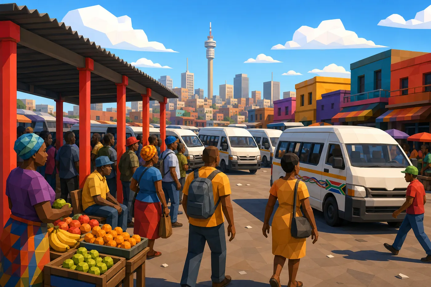 Minibus taxis and fruit stalls at a busy Joburg taxi rank, Hillbrow tower behind