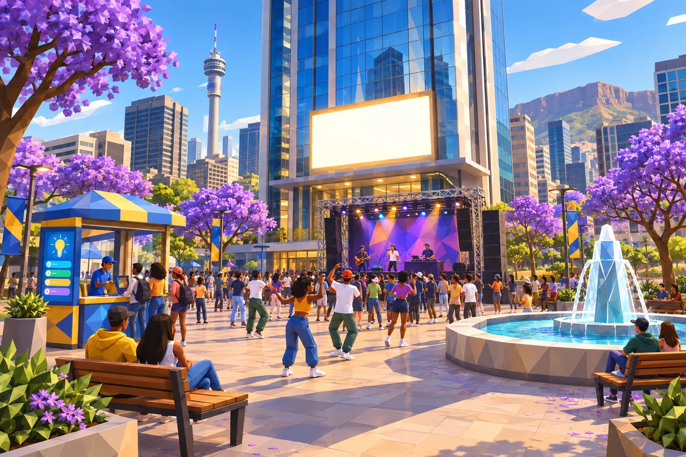 A glass tower plaza at dusk with a live stage, a big screen, a trivia booth and jacarandas