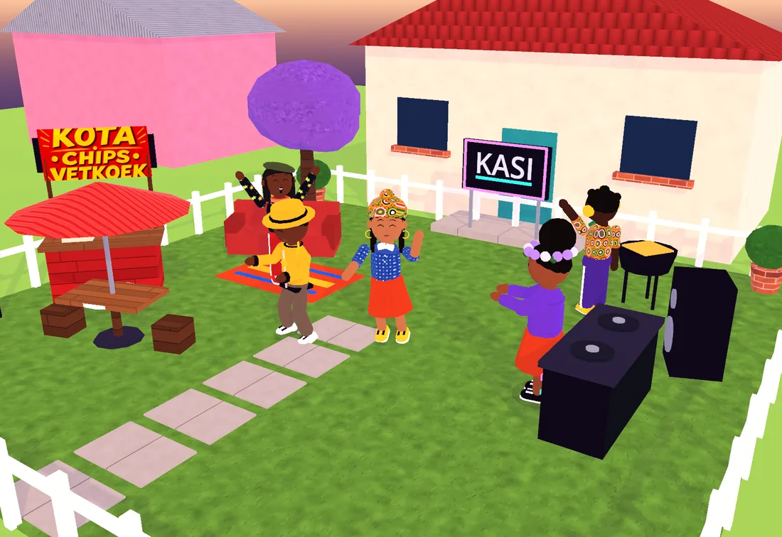 Friends dancing in a decorated Kasi yard: a kota stand, braai, DJ booth, jacaranda tree and a Kasi neon sign